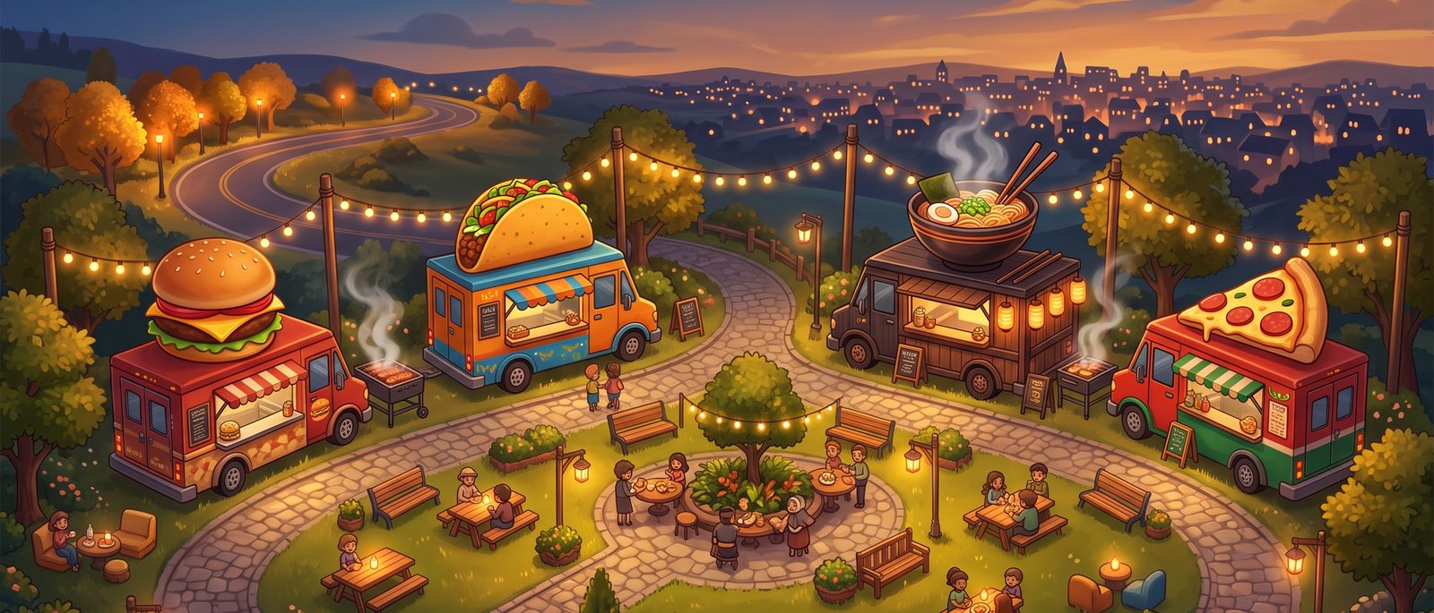 Food Truck Park Tycoon — a food truck park at dusk where every truck wears its dish on the roof, with a winding road leading to the next town